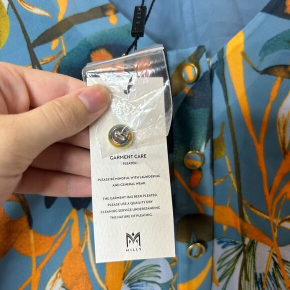 Milly Greer Watercolor Azalea Top Button Up Bell Sleeves Blue Women's Small NWT - Picture 9 of 10